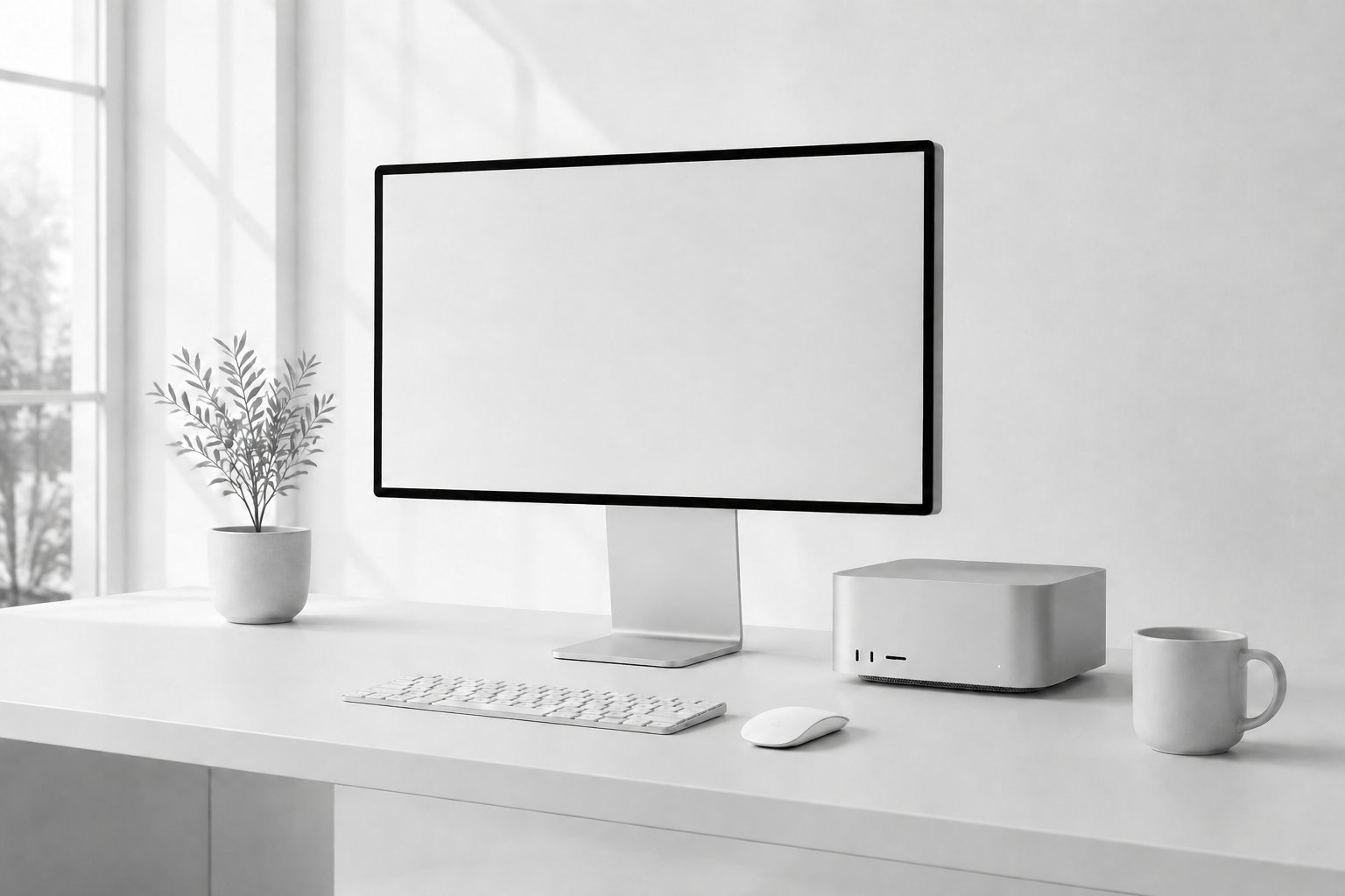 Modern fehér iroda üres kijelzős professzionális monitorral, Mac Studióval, billentyűzettel, Magic Mouse egérrel, növénnyel és kávéval