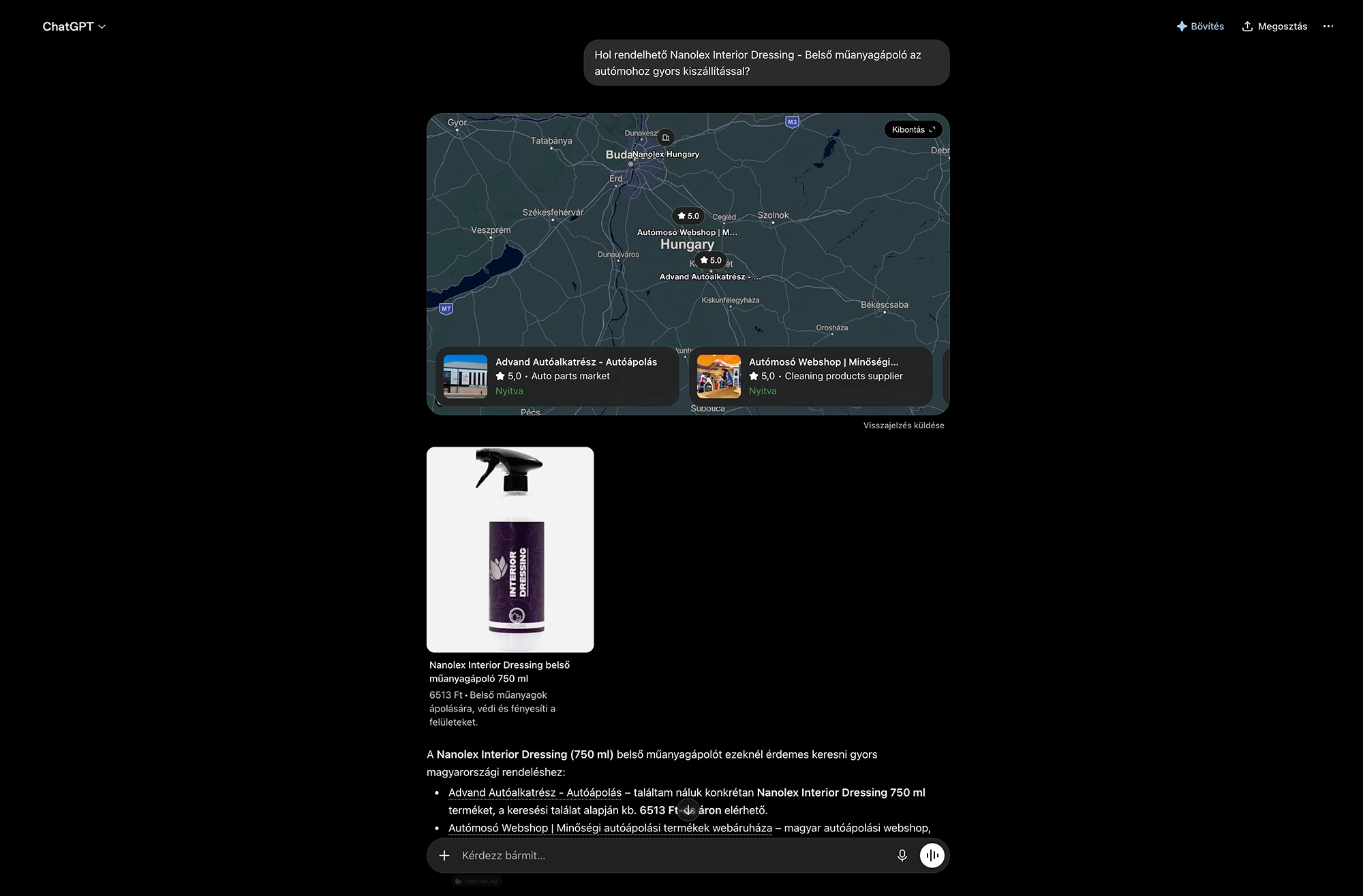 AI keresőoptimalizálási eredmény egy autóápolási webáruház számára